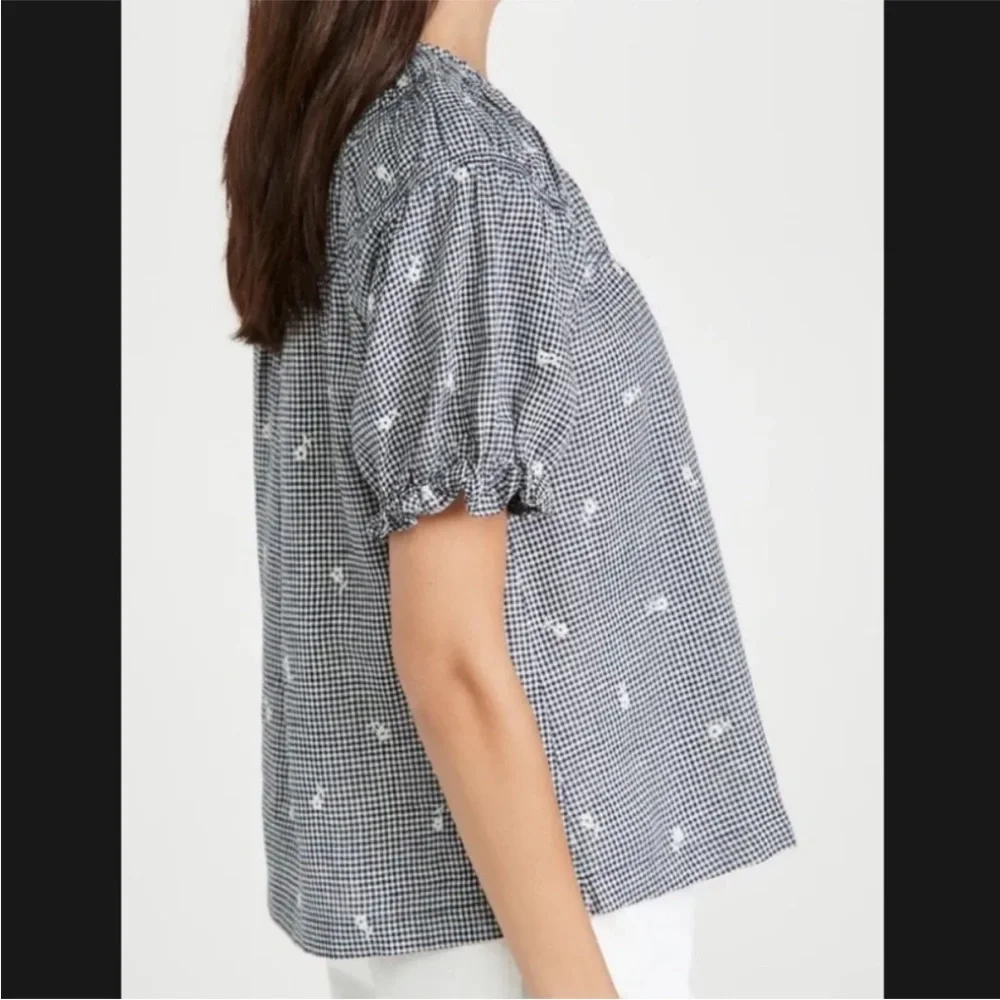 Madewell Embroidered Floral Gingham Ruffle Sleeve Peasant Top Black White M $88